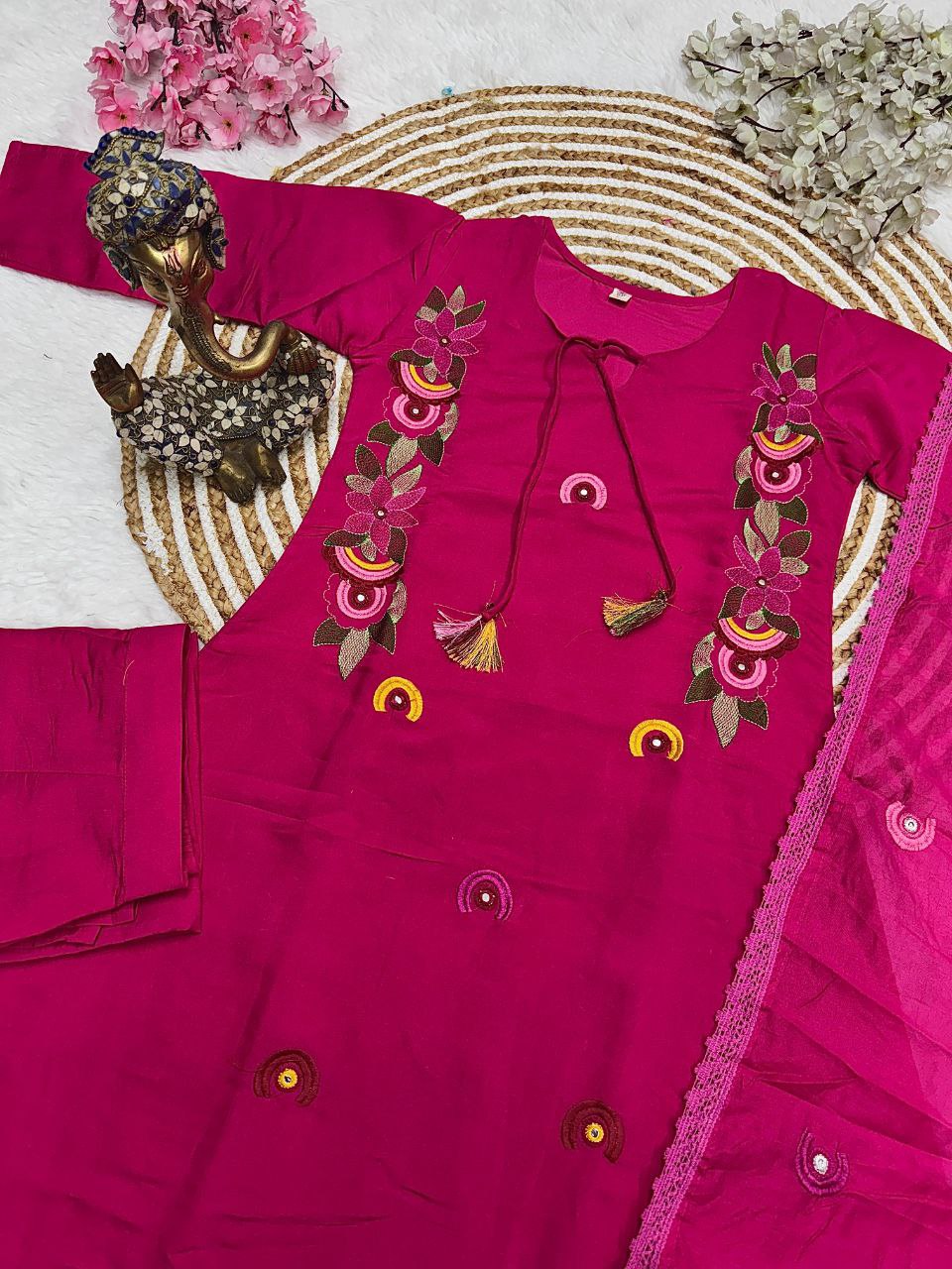 New Launch: Designer Magenta Embroidered Kurti Pant Dupatta Set (Fully Stitched)