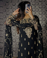 🖤 Royal Black Velvet Touch Embroidered Suit Set with Dupatta