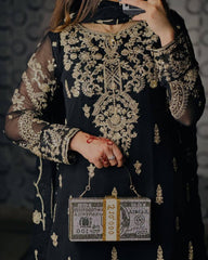 🖤 Royal Black Velvet Touch Embroidered Suit Set with Dupatta