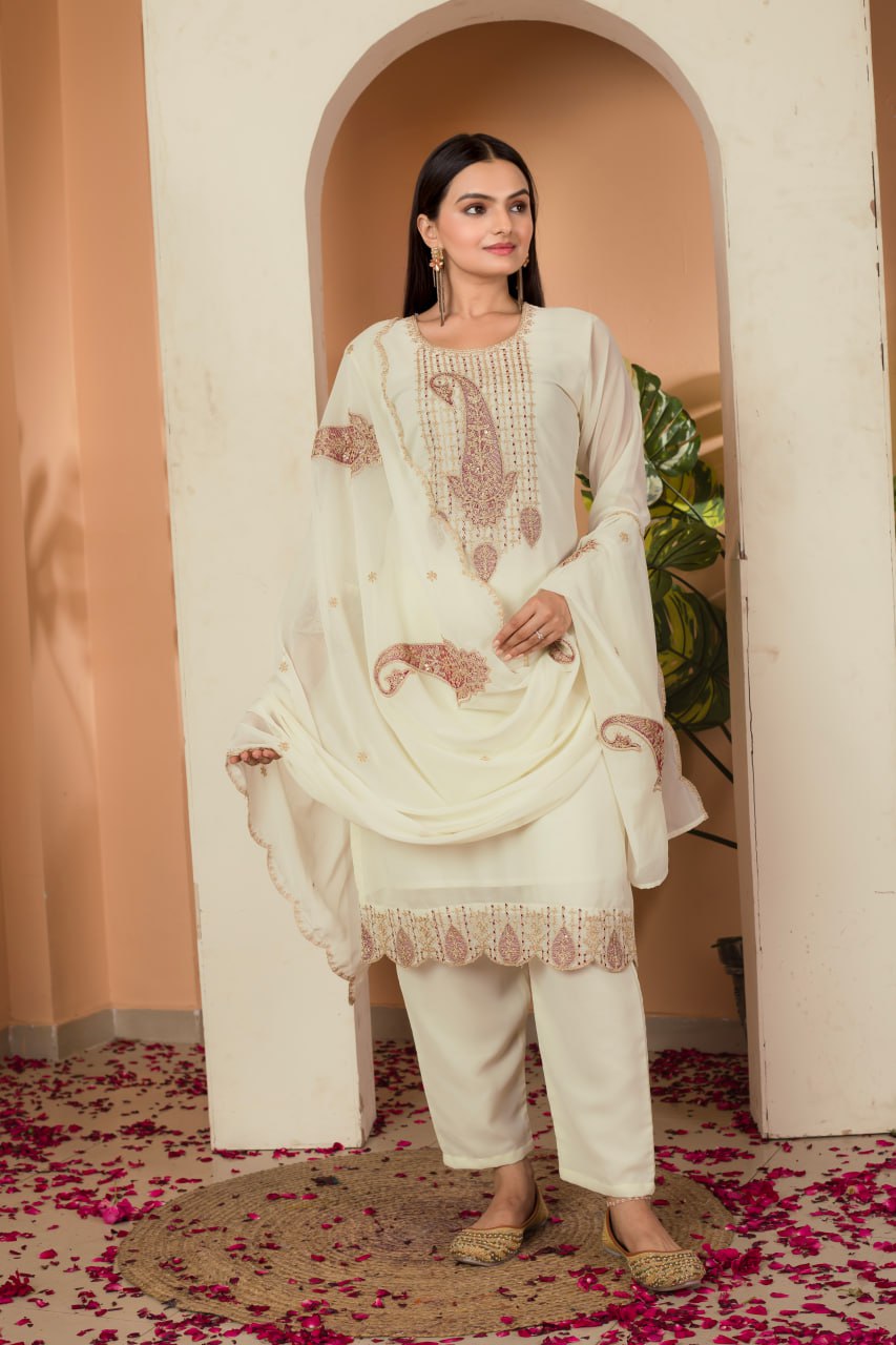 Subtle Sophistication: Cream Embroidered Suit Set with Dupatta
