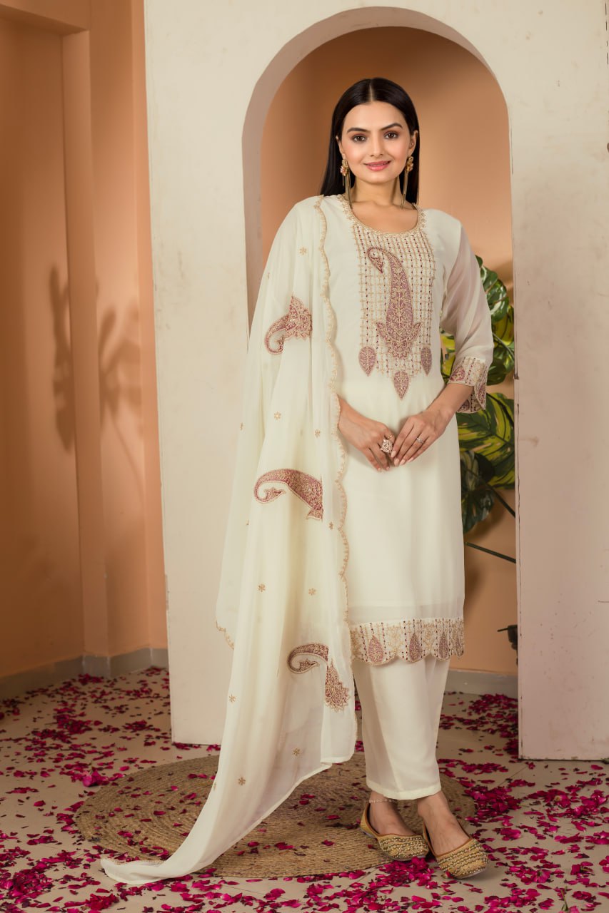Subtle Sophistication: Cream Embroidered Suit Set with Dupatta