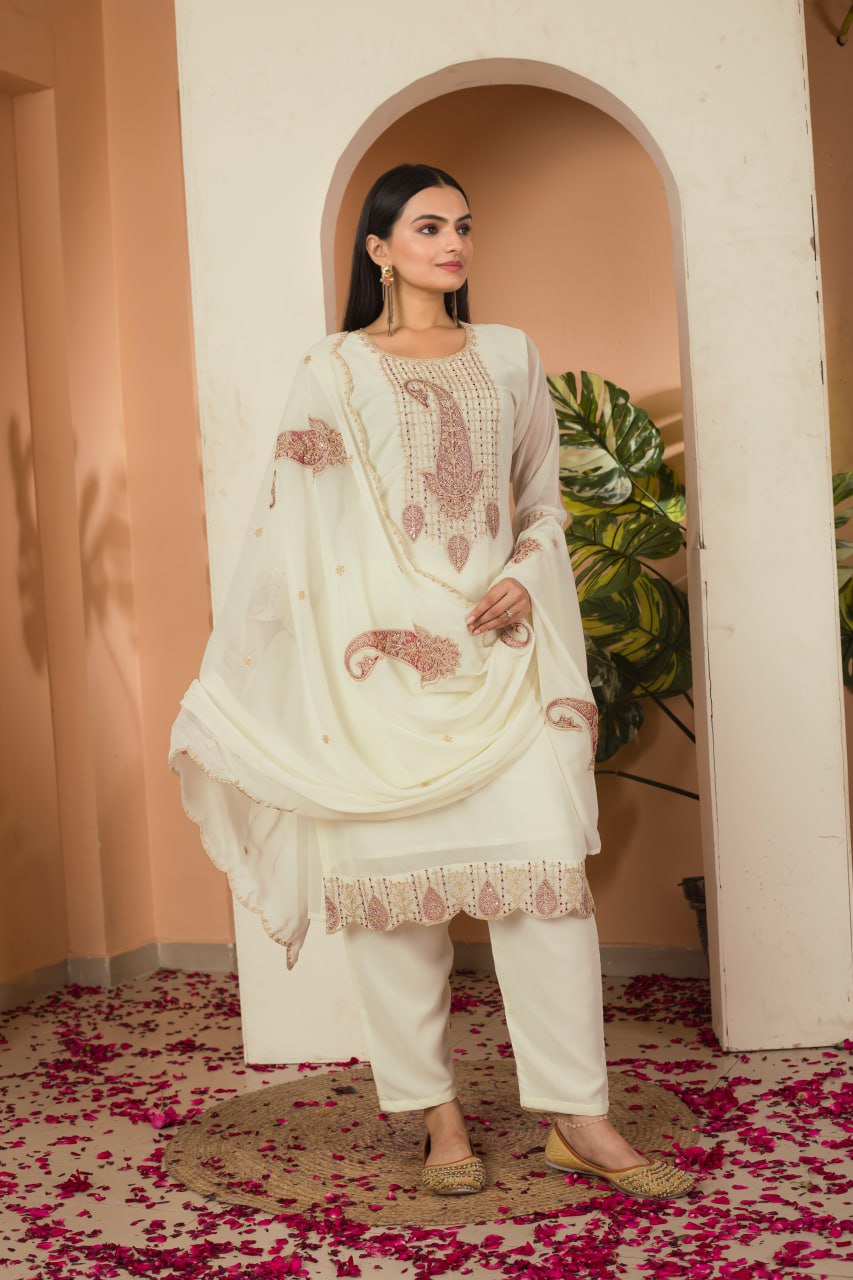 Subtle Sophistication: Cream Embroidered Suit Set with Dupatta