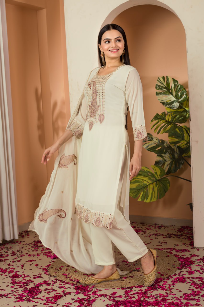 Subtle Sophistication: Cream Embroidered Suit Set with Dupatta