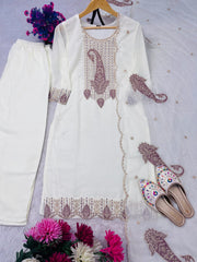 Subtle Sophistication: Cream Embroidered Suit Set with Dupatta