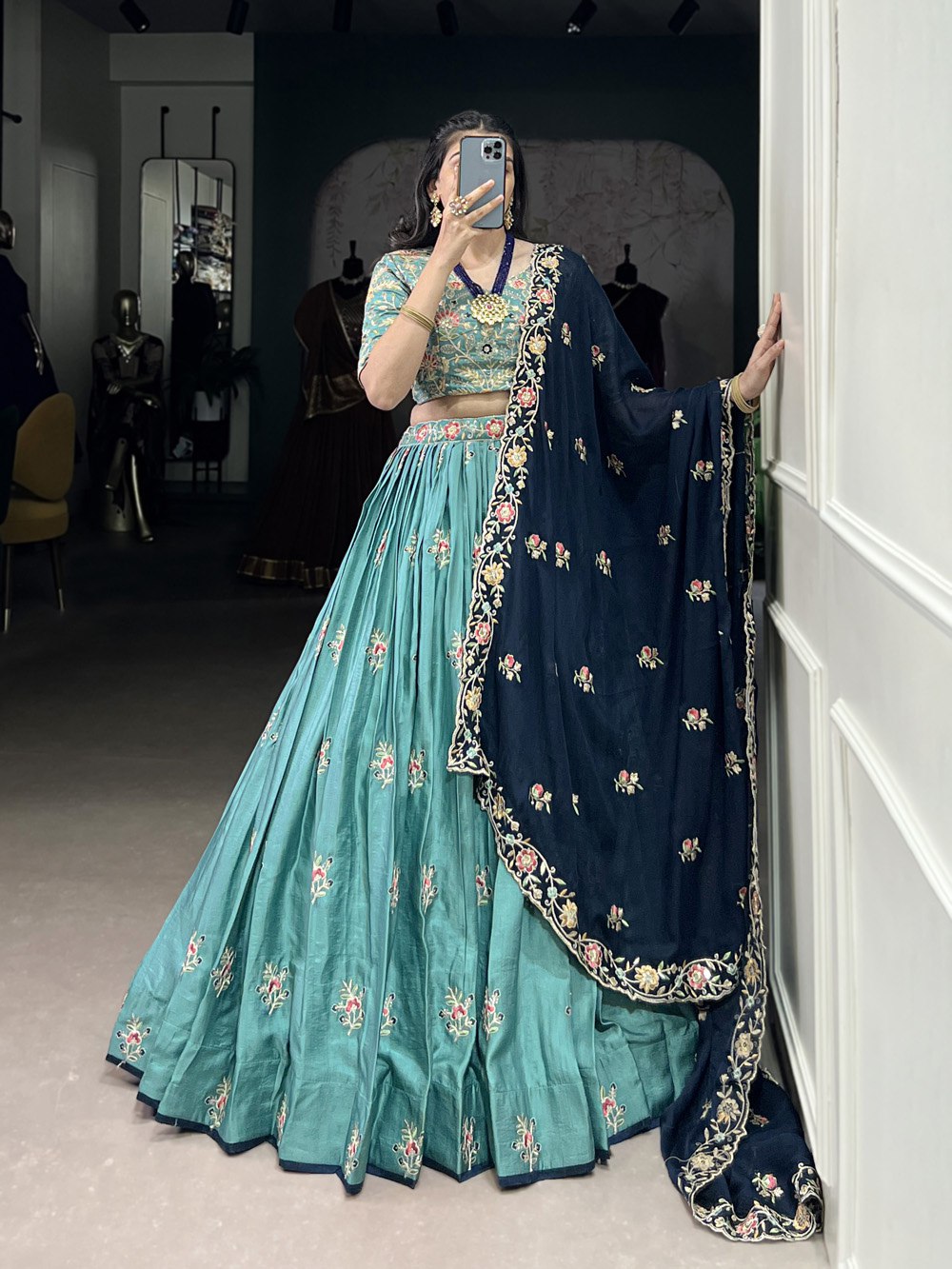 Teal Green Embroidered Lehenga Set with Navy Blue Dupatta
