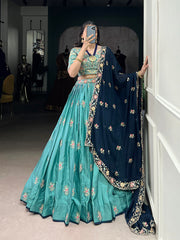 Teal Green Embroidered Lehenga Set with Navy Blue Dupatta