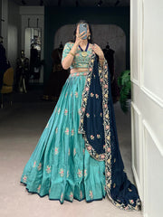 Teal Green Embroidered Lehenga Set with Navy Blue Dupatta