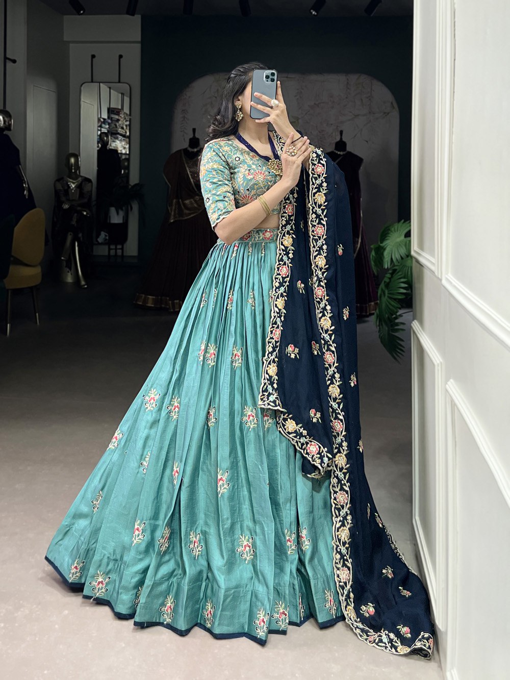 Teal Green Embroidered Lehenga Set with Navy Blue Dupatta