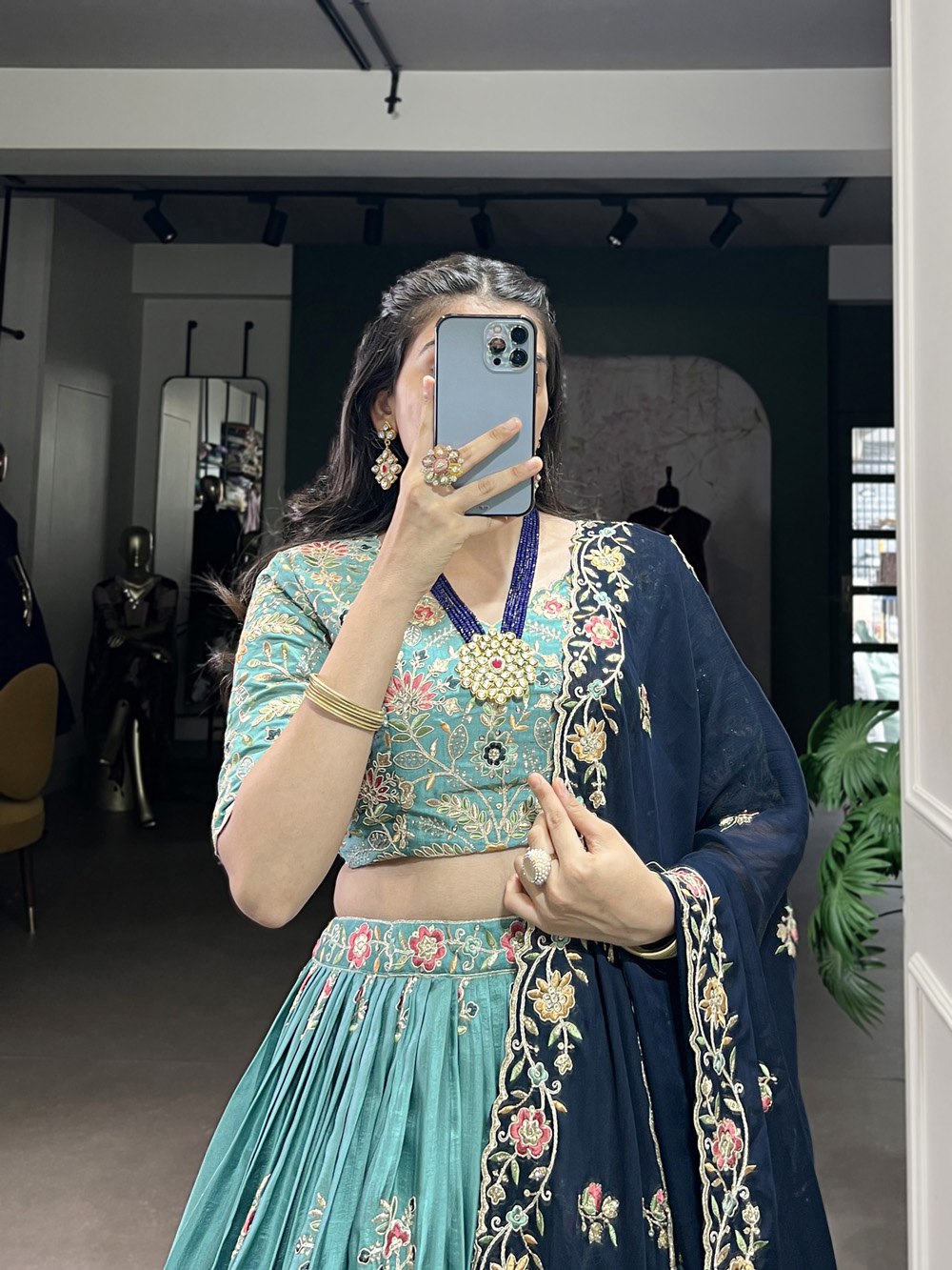 Teal Green Embroidered Lehenga Set with Navy Blue Dupatta