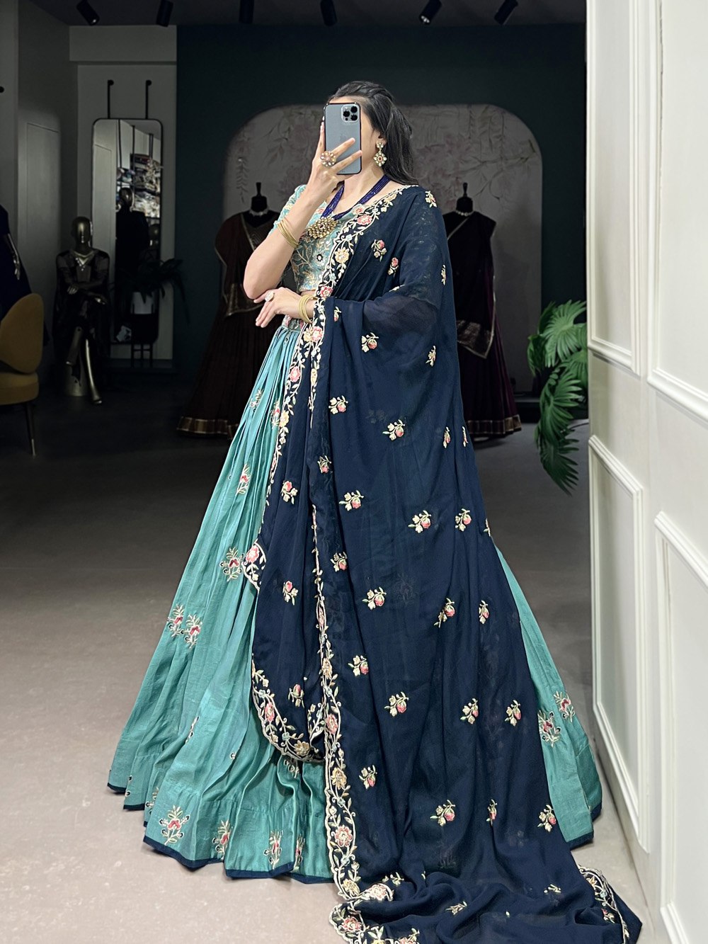 Teal Green Embroidered Lehenga Set with Navy Blue Dupatta