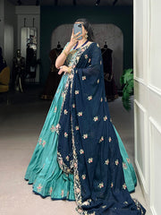 Teal Green Embroidered Lehenga Set with Navy Blue Dupatta