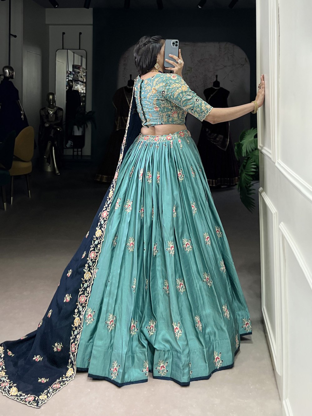 Teal Green Embroidered Lehenga Set with Navy Blue Dupatta