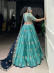 Teal Green Embroidered Lehenga Set with Navy Blue Dupatta