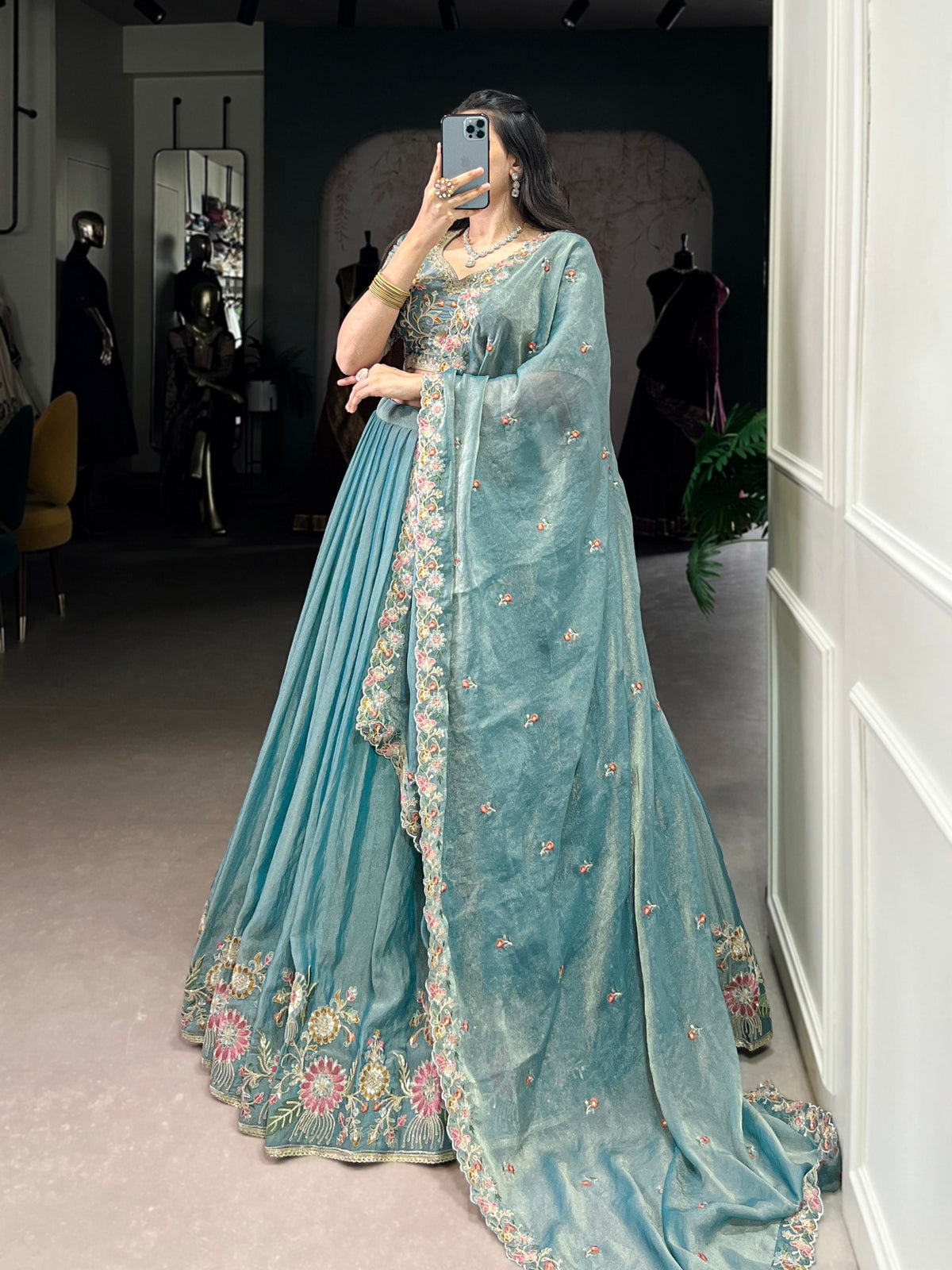 Pastel Blue Floral Embroidered Lehenga Set with Dupatta