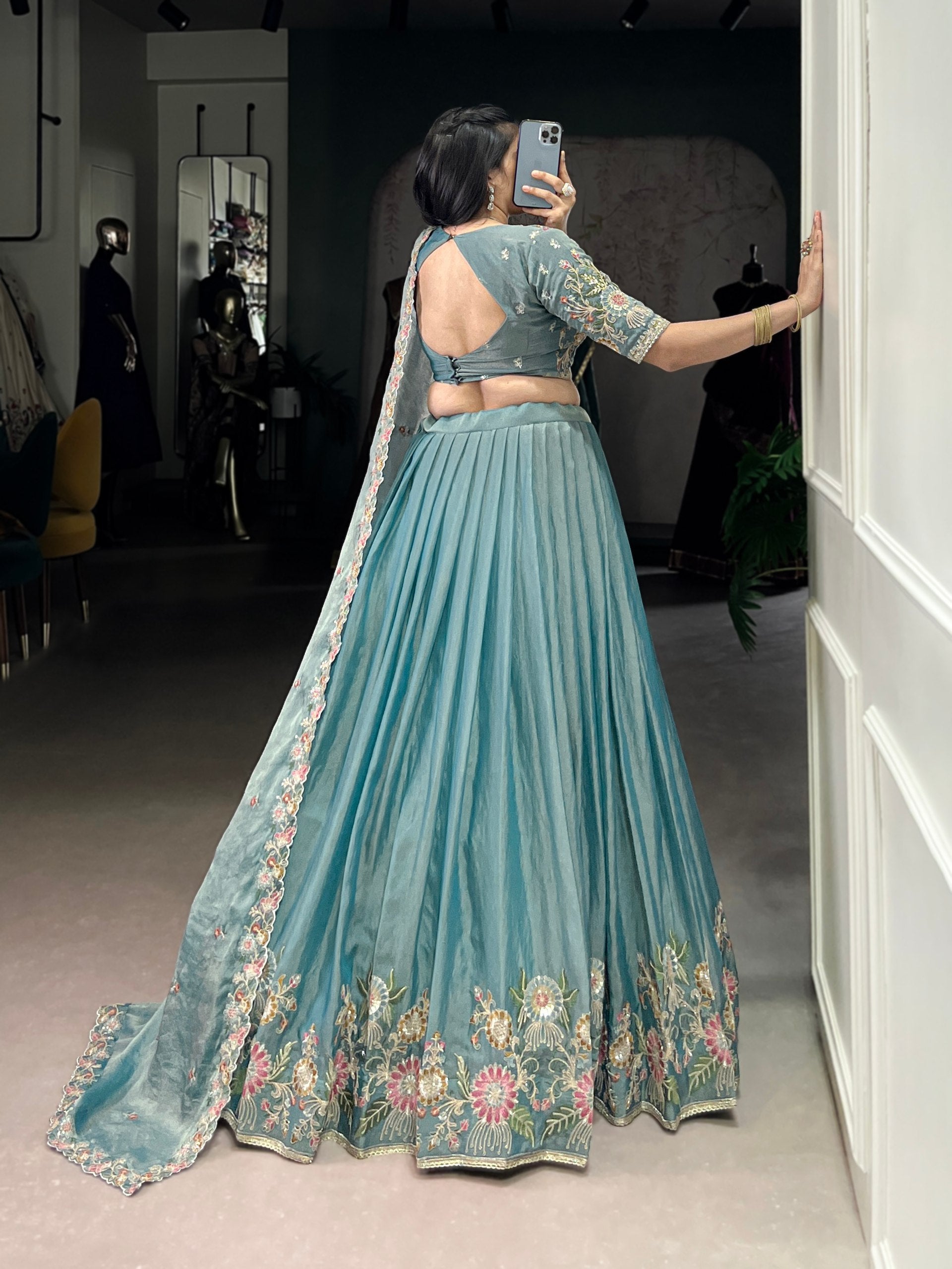 Pastel Blue Floral Embroidered Lehenga Set with Dupatta
