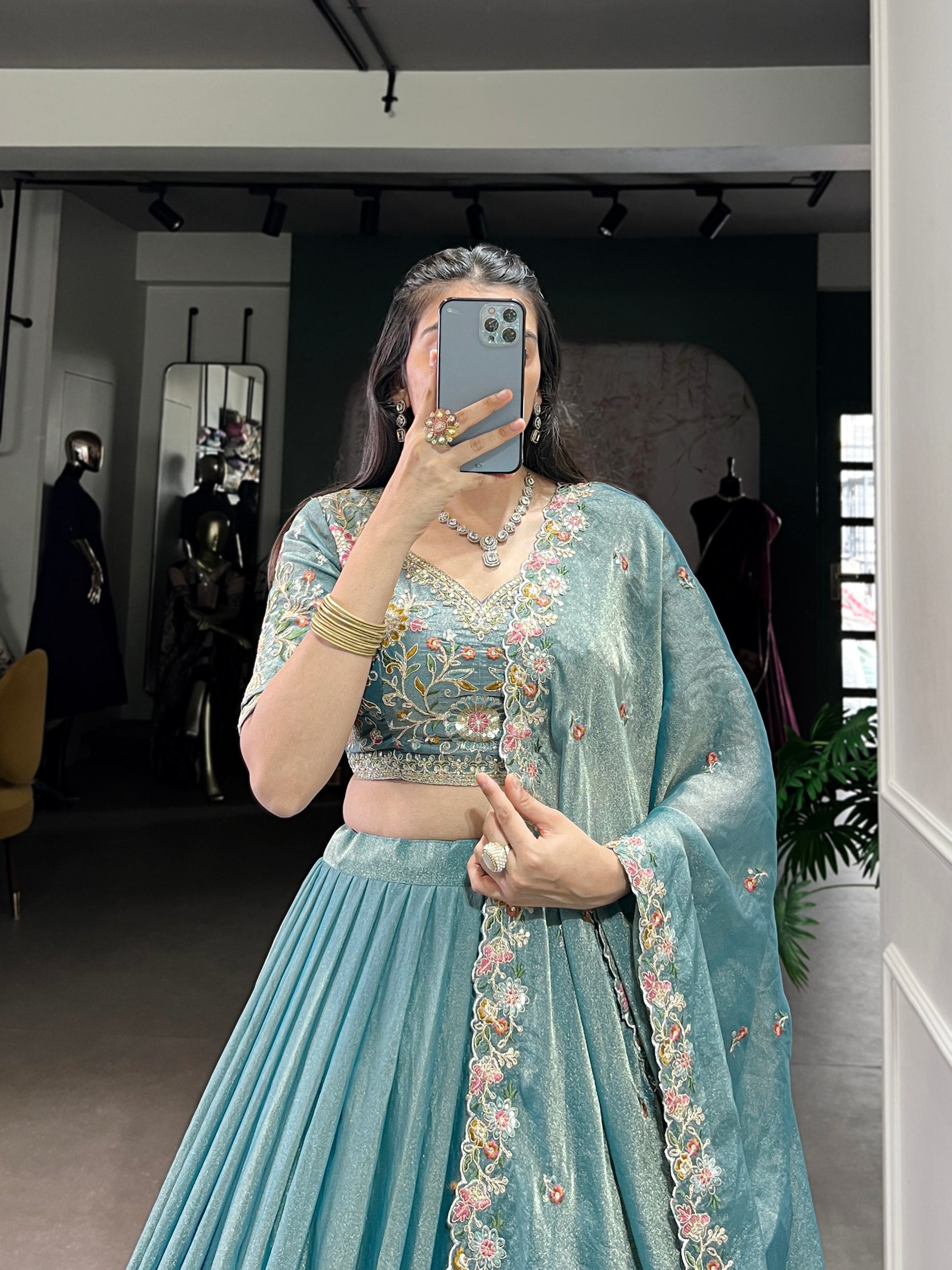 Pastel Blue Floral Embroidered Lehenga Set with Dupatta