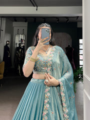 Pastel Blue Floral Embroidered Lehenga Set with Dupatta