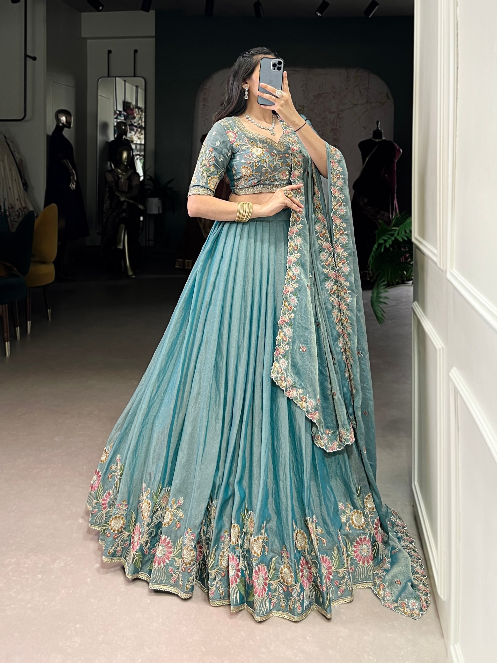 Pastel Blue Floral Embroidered Lehenga Set with Dupatta