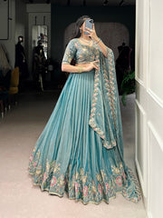 Pastel Blue Floral Embroidered Lehenga Set with Dupatta