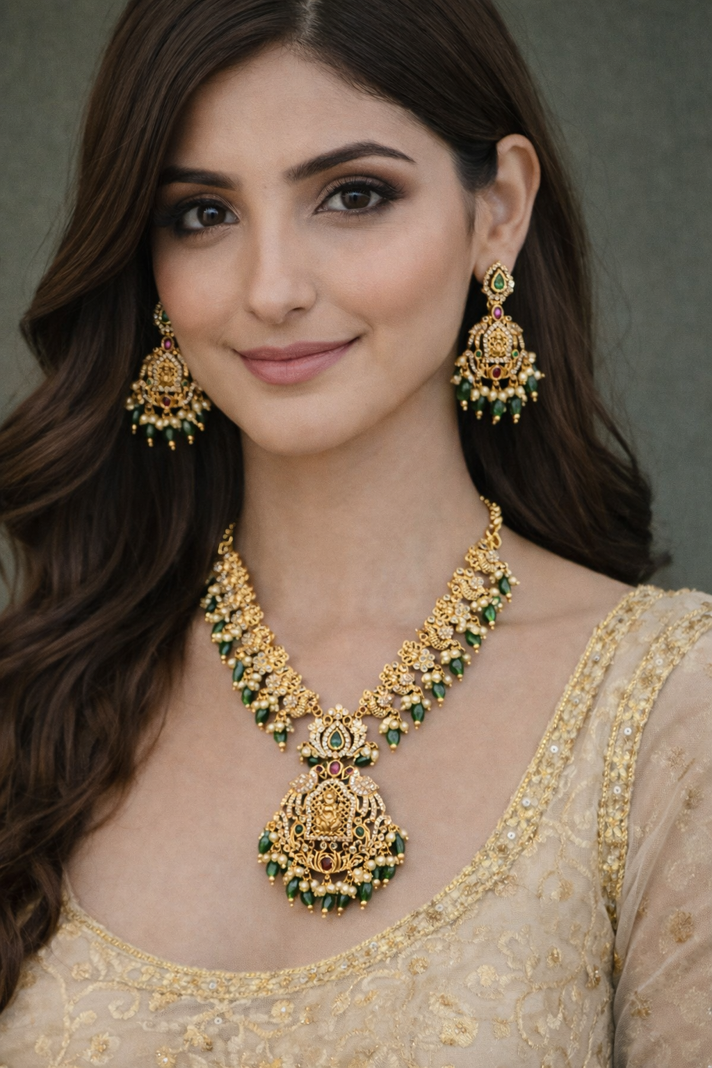 Traditional temple bridal necklace set with green beads, pearl detailing, and matching earrings
