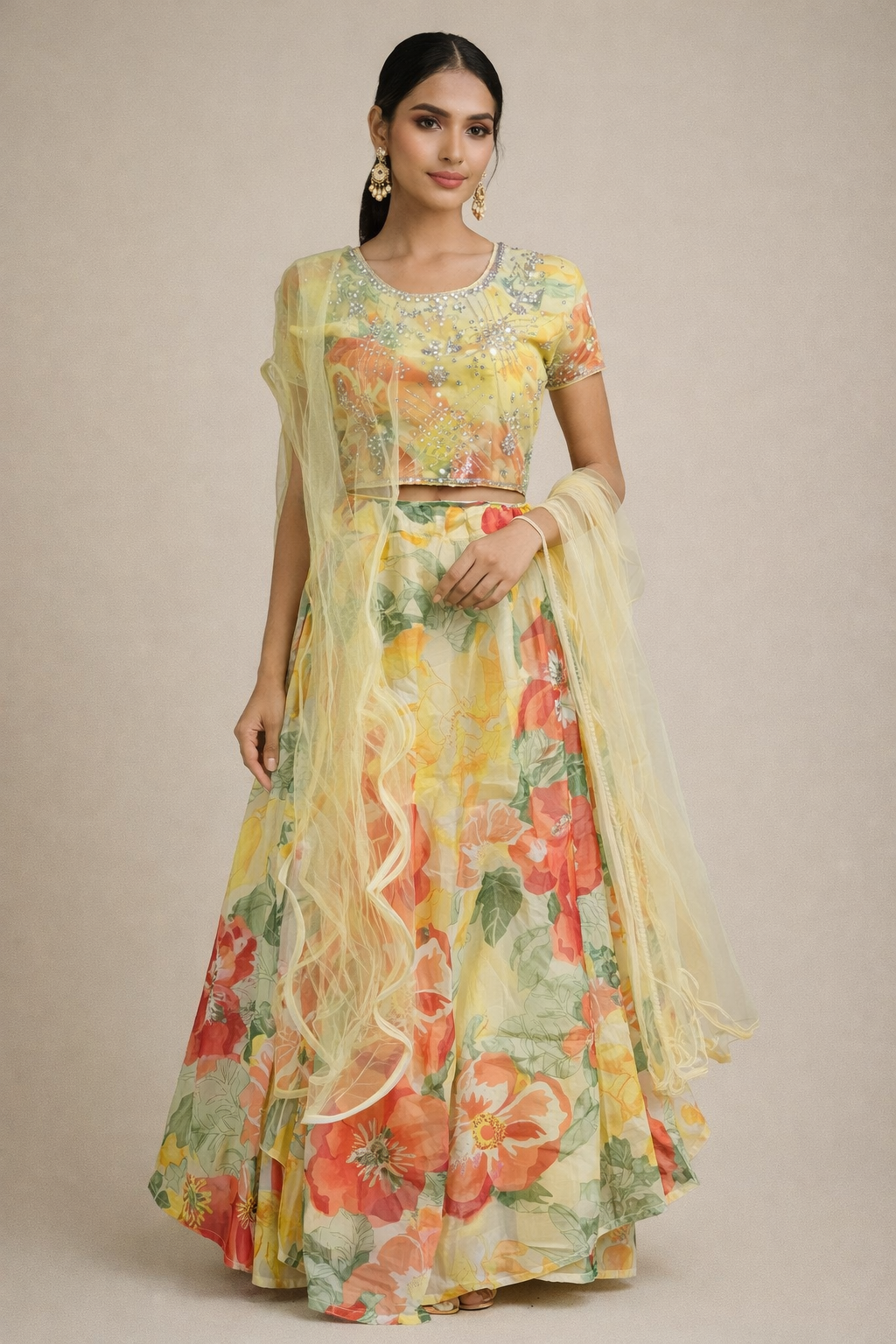 Yellow Floral Printed Organza Lehenga Set