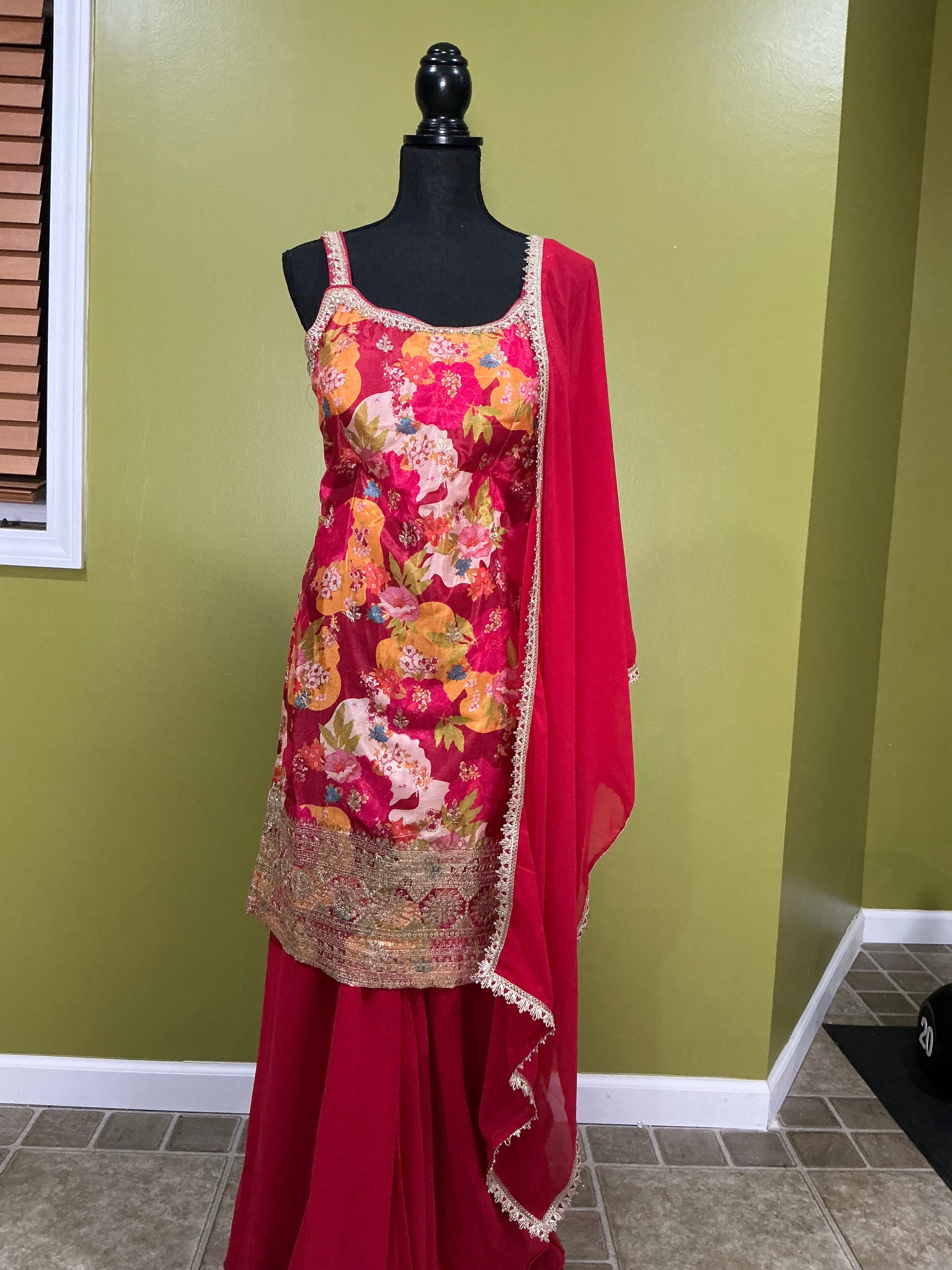 Red Satin Floral Embroidered