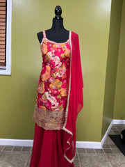 Red Satin Floral Embroidered