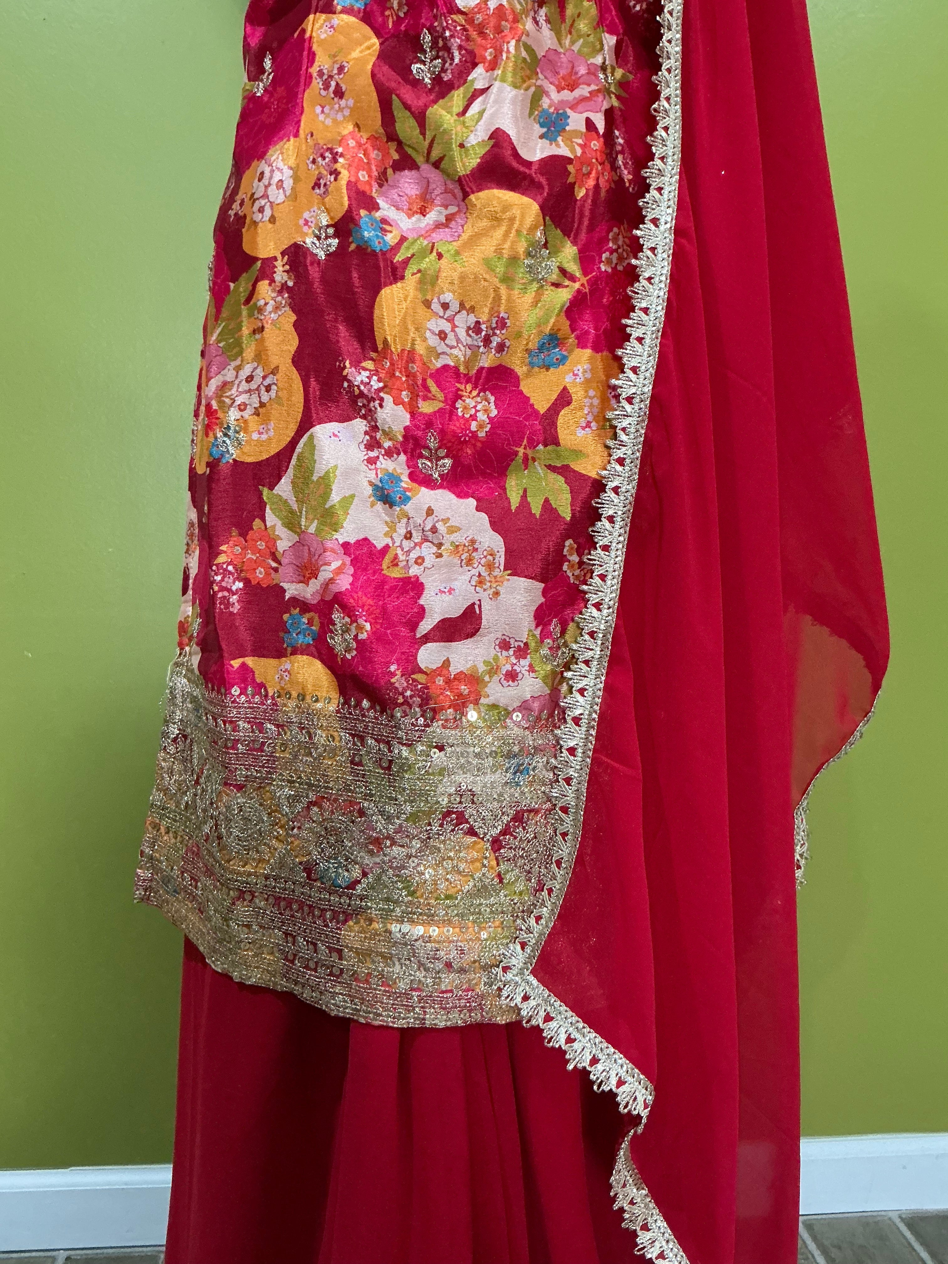 Red Satin Floral Embroidered
