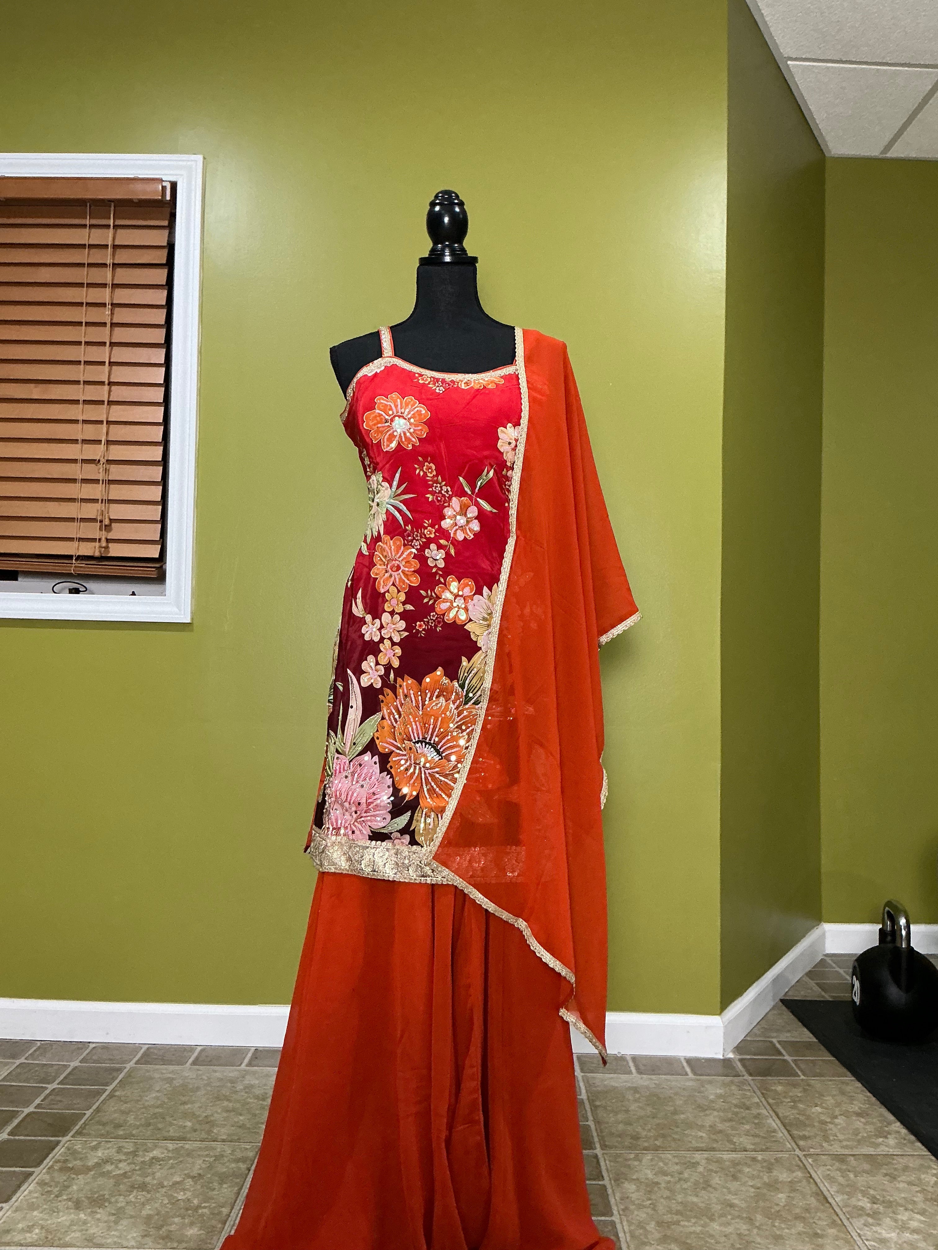 Red Satin Floral Embroidered