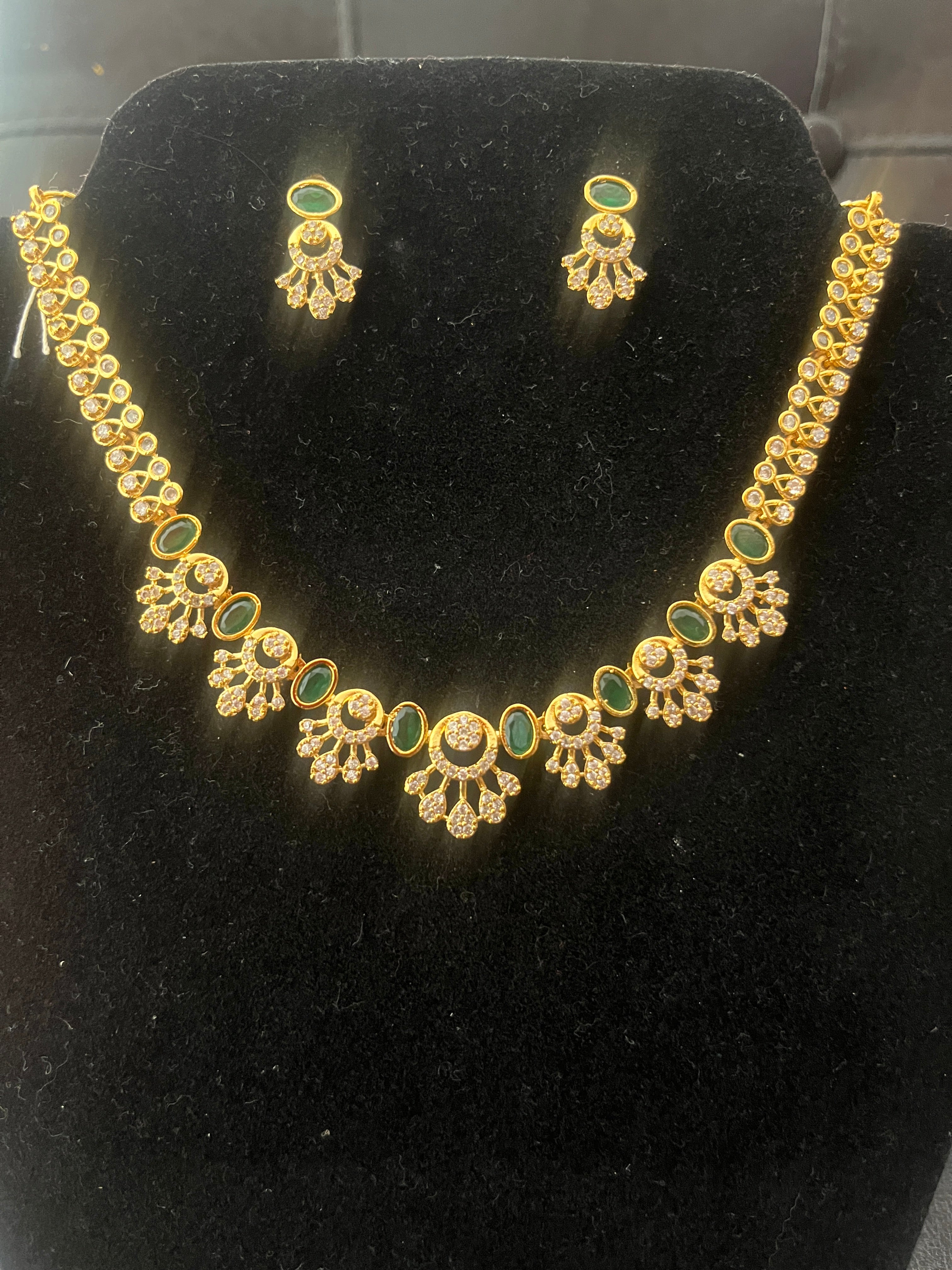 Designer emerald green gemstone CZ necklace set for weddings and festive occasions