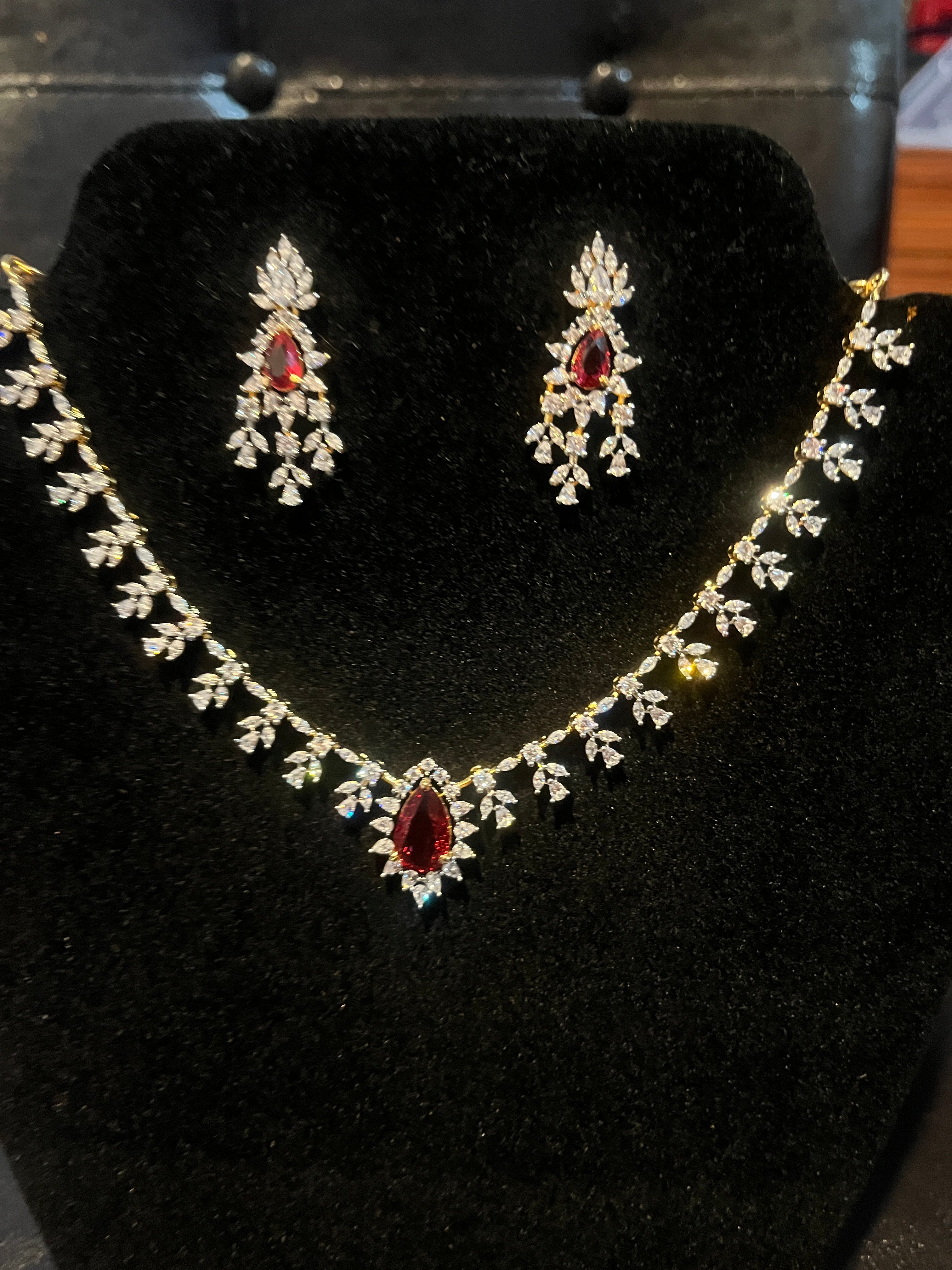 Designer emerald red gemstone CZ necklace set for weddings and festive occasions