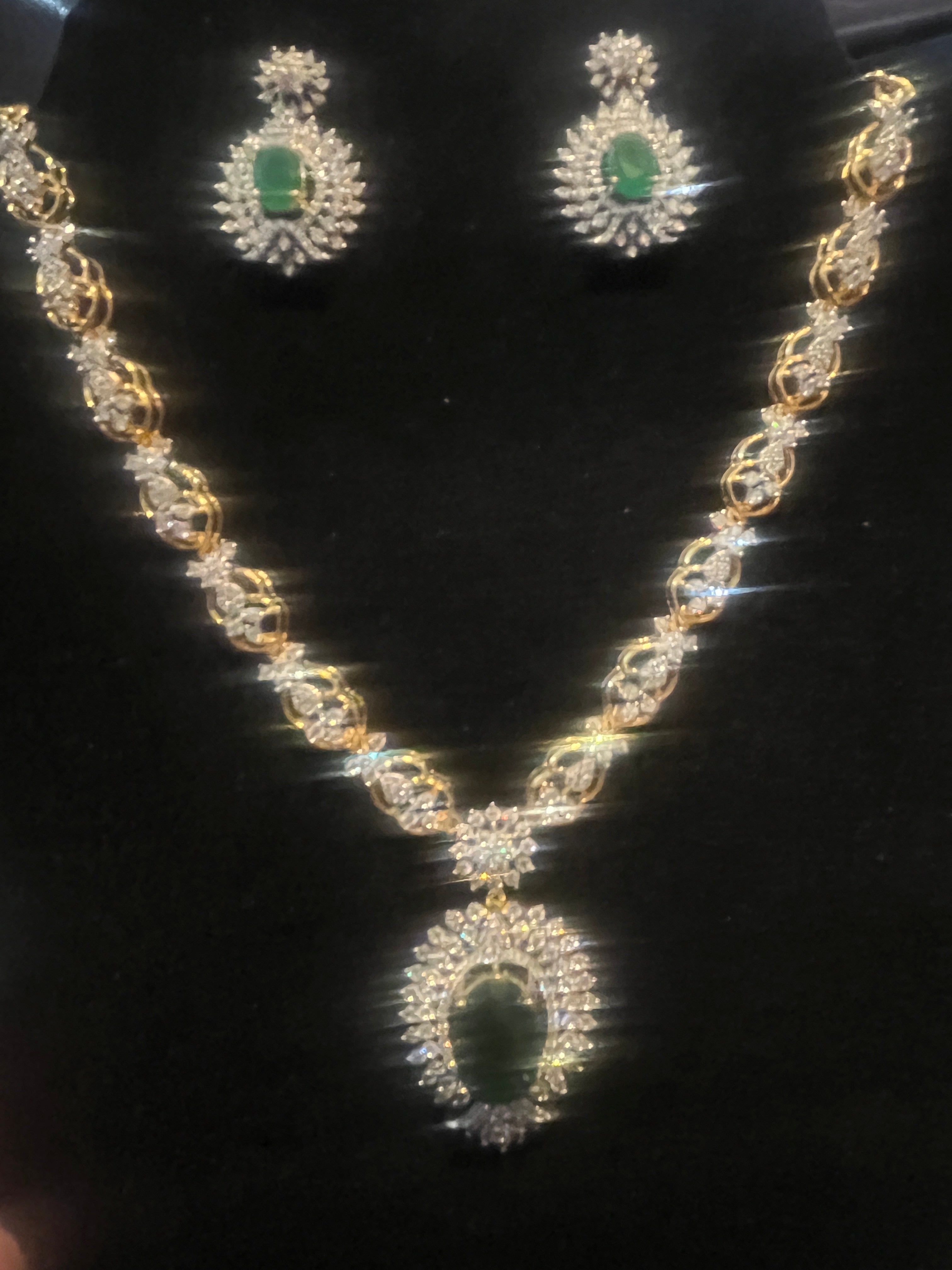 Gold-plated emerald CZ necklace set with coordinated earrings