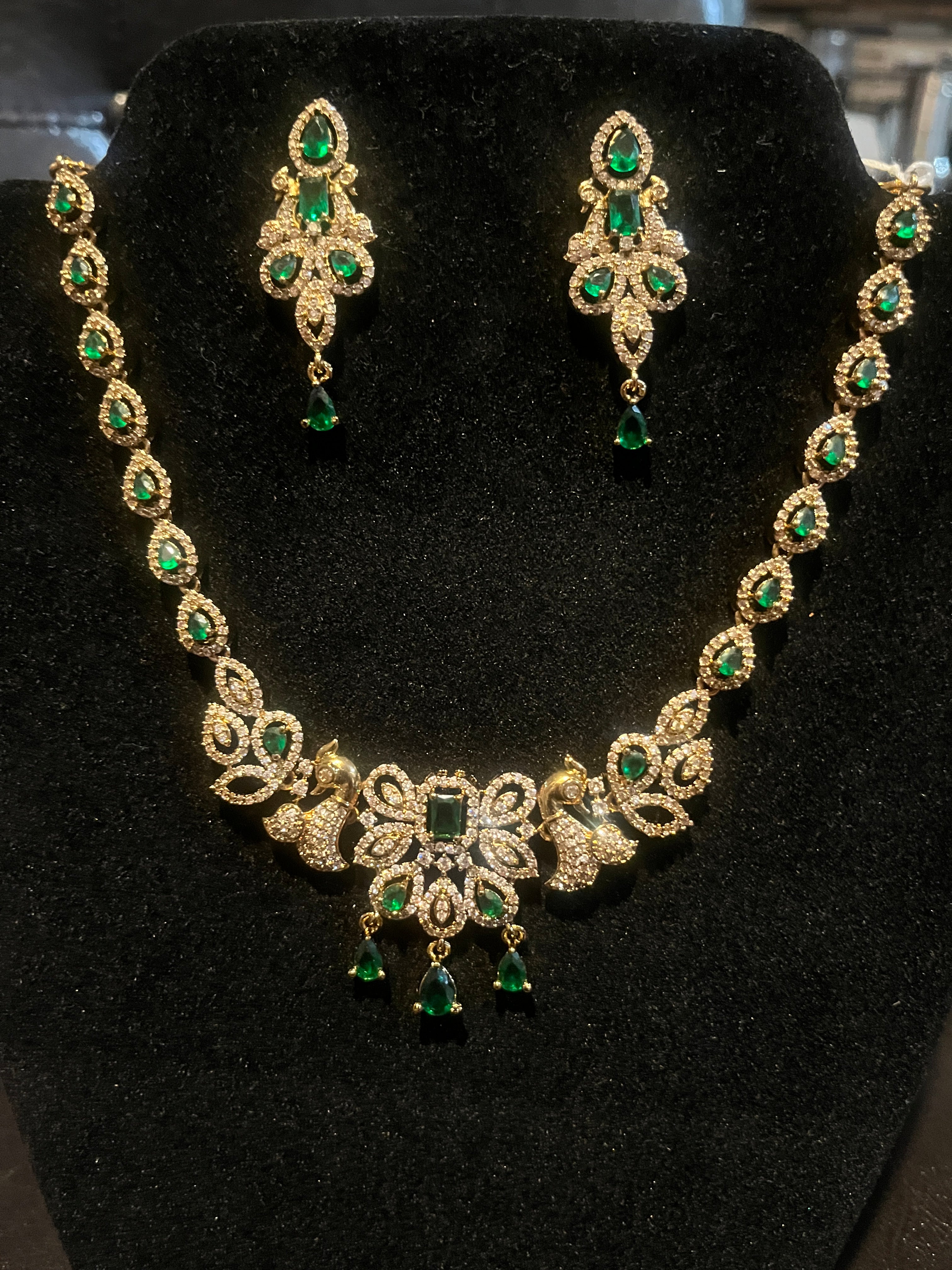 Wedding-ready emerald and CZ stone designer necklace set