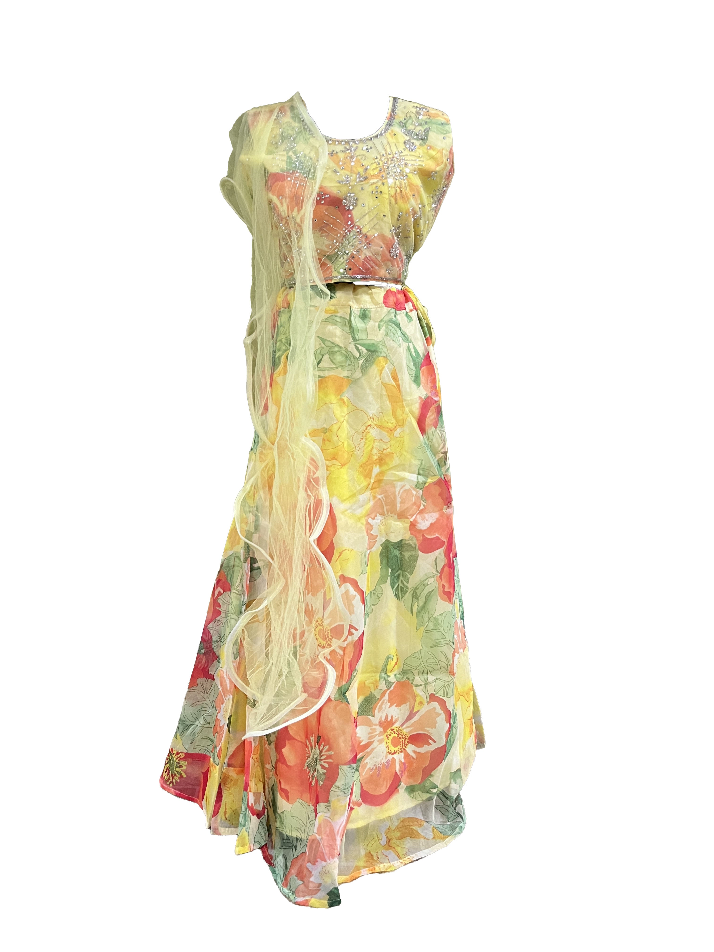 Yellow Floral Printed Organza Lehenga Set