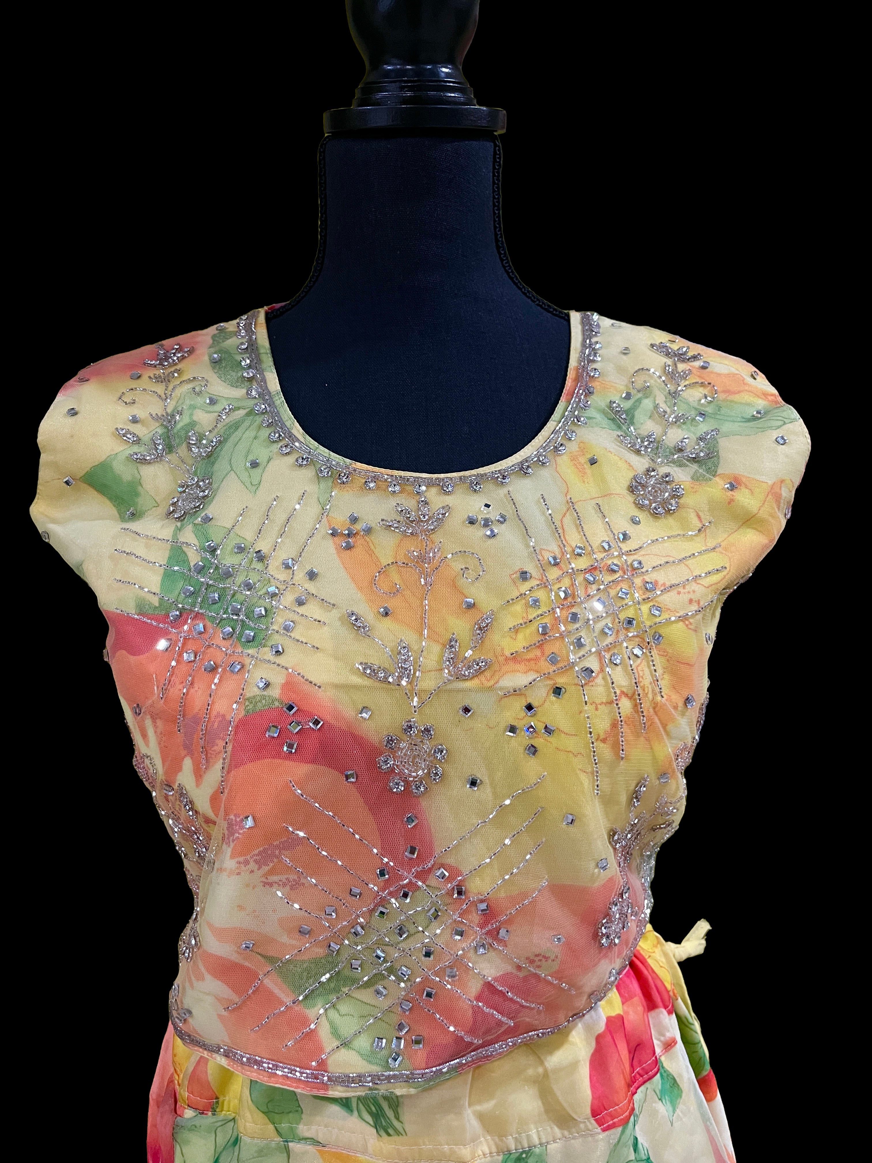 Yellow Floral Printed Organza Lehenga Set