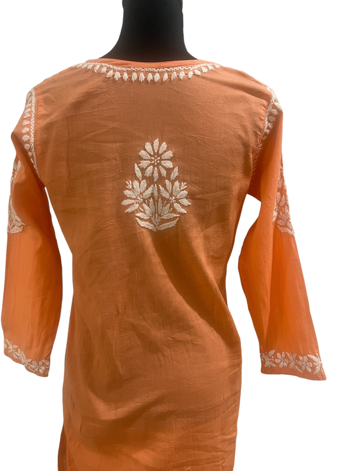 Shop the Talahi Indian Hand Embroidered Chikankari  Peach long Cotton Kurti for women.  Perfect for stylish, everyday elegance!