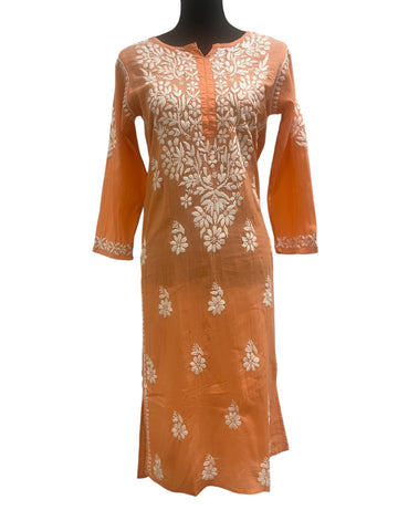 Shop the Talahi Indian Hand Embroidered Chikankari  Peach long Cotton Kurti for women.  Perfect for stylish, everyday elegance!