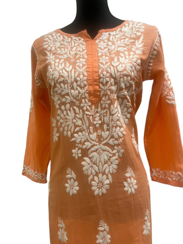 Shop the Talahi Indian Hand Embroidered Chikankari  Peach long Cotton Kurti for women.  Perfect for stylish, everyday elegance!