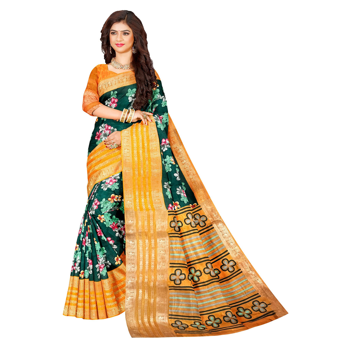 Elegant Dark Green Floral Printed Dola Silk Saree with Zari Border – Festival & Wedding Wear Silk Blend Saree
