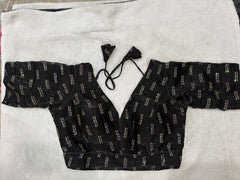 Readymade Stretchable Saree Blouse - Black Gold Floral Print, Size 36-40