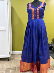 Royal Blue Long Anarkali Frock Dress with Gold Border, Attachable Sleeves, Adjustable Fit Bust 30-42