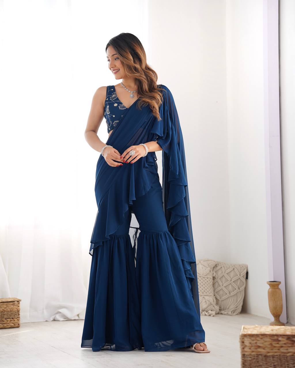 Navy Blue Ruffle Saree with Embroidered Blouse & Sharara Pants – Modern Festive Fusion Wear