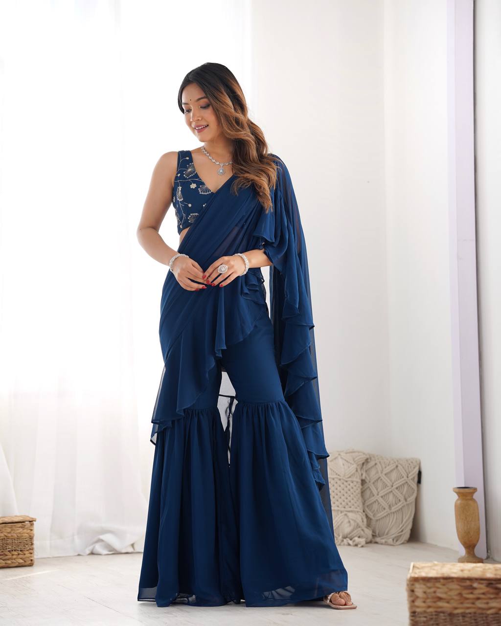 Navy Blue Ruffle Saree with Embroidered Blouse & Sharara Pants – Modern Festive Fusion Wear