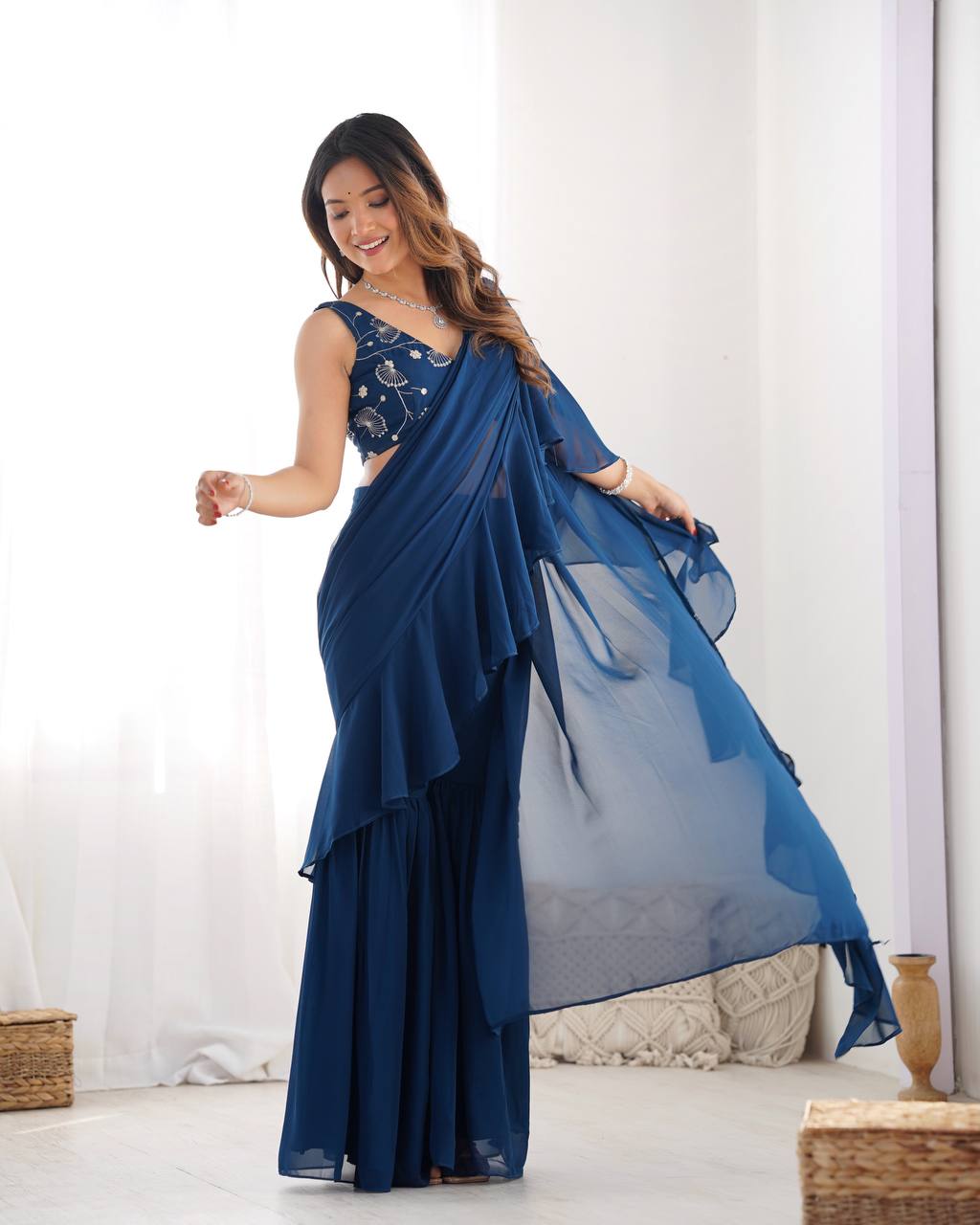 Navy Blue Ruffle Saree with Embroidered Blouse & Sharara Pants – Modern Festive Fusion Wear