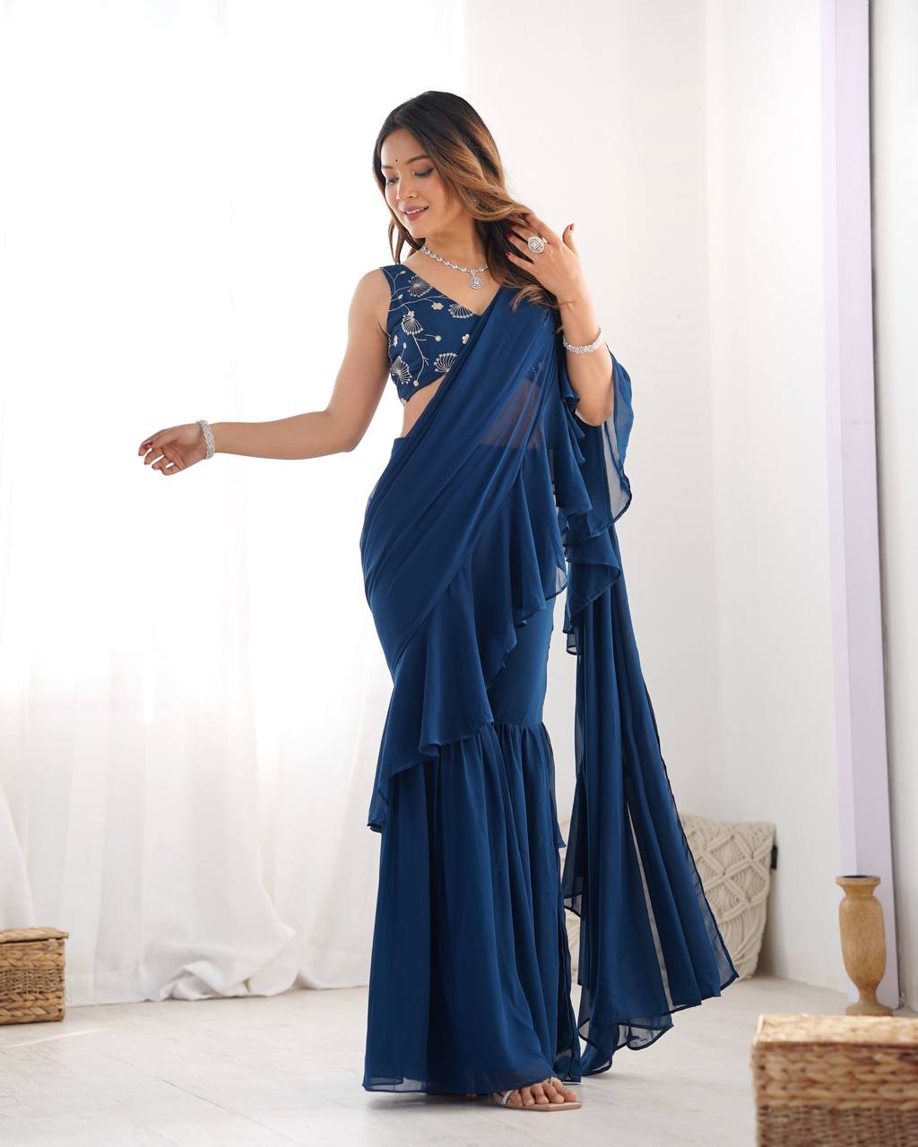Navy Blue Ruffle Saree with Embroidered Blouse & Sharara Pants – Modern Festive Fusion Wear