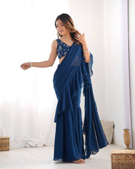 Navy Blue Ruffle Saree with Embroidered Blouse & Sharara Pants – Modern Festive Fusion Wear