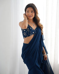 Navy Blue Ruffle Saree with Embroidered Blouse & Sharara Pants – Modern Festive Fusion Wear