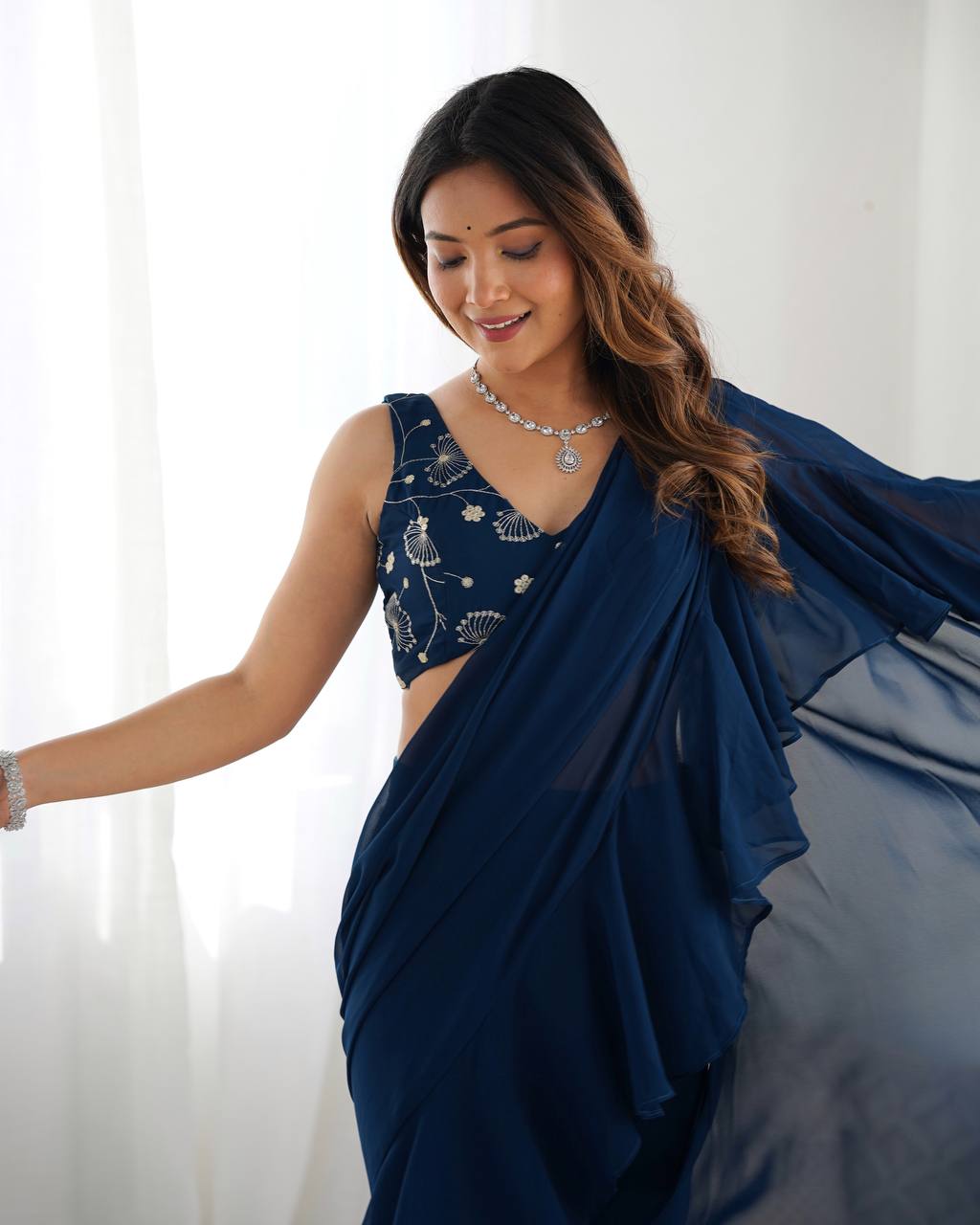 Navy Blue Ruffle Saree with Embroidered Blouse & Sharara Pants – Modern Festive Fusion Wear