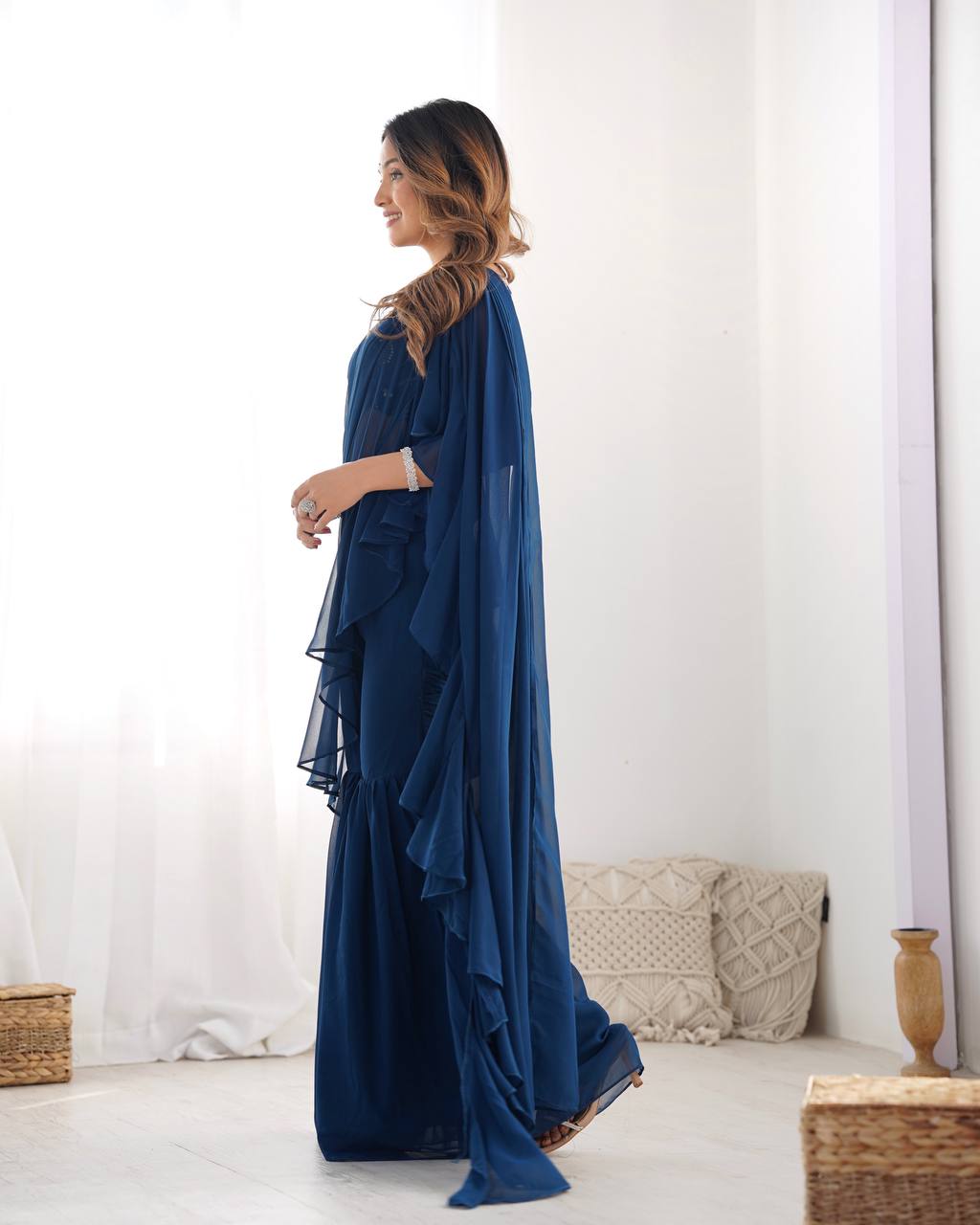 Navy Blue Ruffle Saree with Embroidered Blouse & Sharara Pants – Modern Festive Fusion Wear