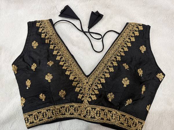 Readymade Stretchable Saree Blouse - Black with Gold Motif and Border, Size 36-40